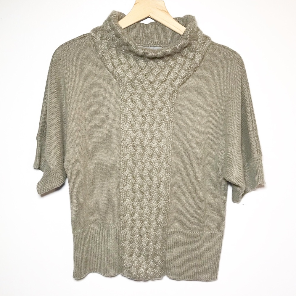 Classiques Entier Angora Blend Braided Short Sleeve Mock Neck Sweater in Tan XS